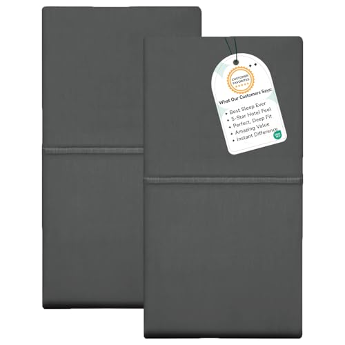 Feather & Stitch 100% Cotton Solid Standard Pillow Covers Set of 2, 500TC Envelope Closure Pillowcases, Soft Luxury Damask Sateen Weave Pillow Case for Sleeping, 20x30 Inches - Charcoal Slate