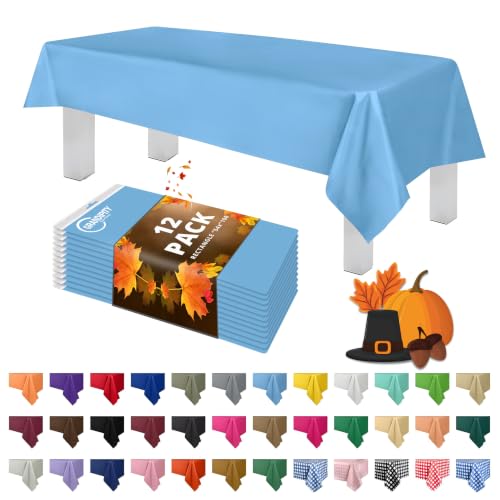 Grandipity 12 Pack Premium Disposable Plastic Tablecloth 54 Inch. x 108 Inch. Decorative Rectangle Table Cover - Sky Blue