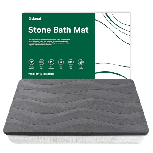 "XMarrat Stone Bath Mat, Diatomaceous Earth Shower Mat, 23.6"" x15.4'' - Super Absorbent, Modern Quick Drying Diatomite Bathmats, Non-Slip Base, Easy Clean for Shower Floor & Bathroom (Dark Gray)"