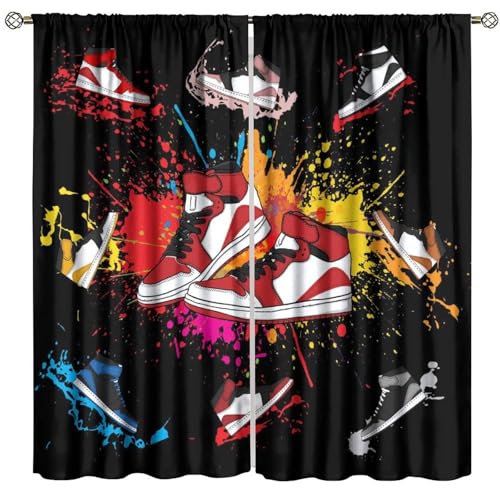Boys Sports Curtains Sneaker Shoes Aesthetic Cool Colorful Graffiti Bedroom Window Drapes for Teen Kids Printed Living Room Window Treatment Fabric 2 Panels 42Wx45H Inch Decor