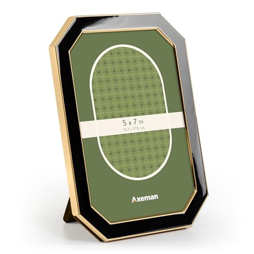 Axeman 5x7 Enamel Picture Frames with Tempered Glass-5 x 7 Modern Octagon Photo Frame with Gold Metal Edge Velvet Back for Tabletop and Wall Mount Display for Shelf & Desk, Black