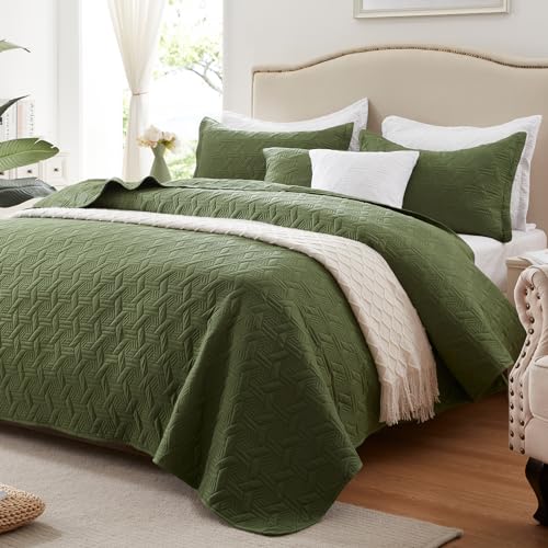 LEAONME Full/Queen Quilt Set 3 Pieces,Lightweight Olive Green Bedspread-90''x98'',Soft Microfiber Summer Quilt/Coverlet,Luxurious Warm Bedding Sets for All Seasons(Includes 1 Quilt, 2 Shams)