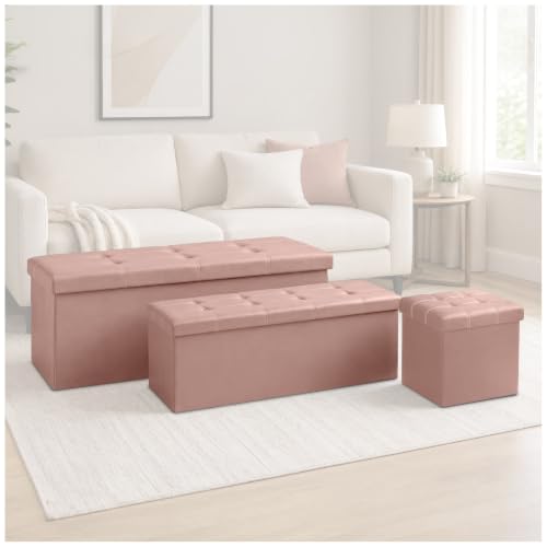 GC GAVENO CAVAILIA Leather Ottoman Storage Box Large With Lids, Pink - Faux Leather Fabric Folding Ottoman Storage Bench 76x38x38 cm - Toy Chest Storage Box For Bedroom, Hallway, Entryway
