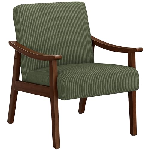 Yaheetech Armchair Corduroy Fabric Accent Chair Rubber Wood Legs Dark Green