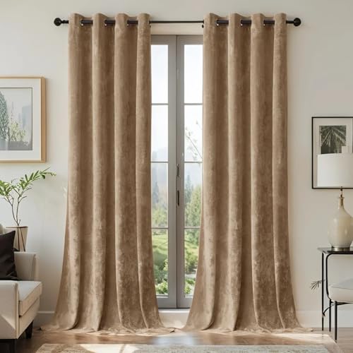 SMILETIME Amber Beige Crushed Velvet Curtains 52x84 inch Luxurious Thermal Insulated Soundproof Drapes for Living Room Bedroom Office Soft and Durable Light-Filtering Window Treatments, 2 Panels