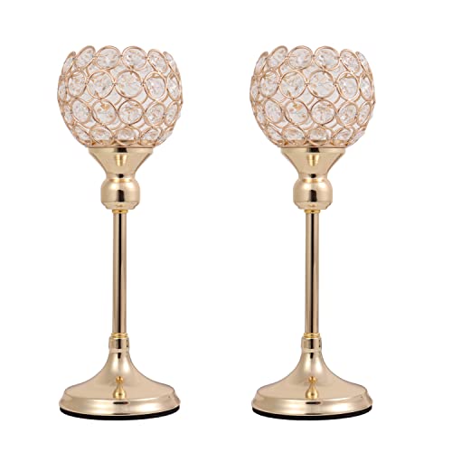 Vsen Gold Crystal Tealight Candle Holders, Set of 2,Coffee Dining Table Centerpieces Metal Candlesticks Stand Wedding Christmas Halloween Decoration