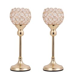 Vsen Gold Crystal Tealight Candle Holders, Set of 2,Coffee Dining Table Centerpieces Metal Candlesticks Stand Wedding Christmas Halloween Decoration