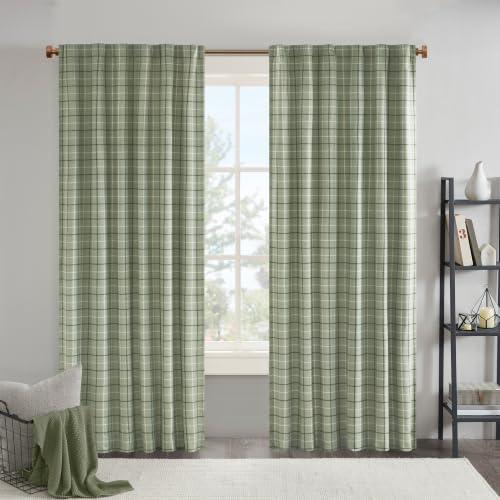 "Madison Park Anaheim Cabin Plaid Curtain Window, Thermal Insulated Fleece Lining, Living Room Decor Light Blocking Drape for Bedroom, 1-Single Panel Pack, 50"" x 84"" Rod Pocket, Green"