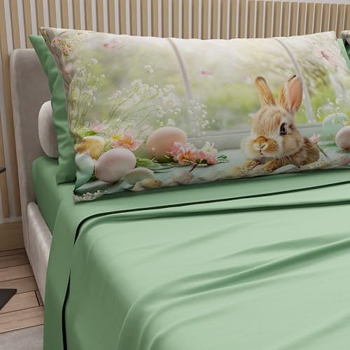 PETTI Artigiani Italiani - Easter Cotton Sheets with Pillowcases in Digital Print, French Queen, Easter Bed Sheet Set Top and Bottom with Corners, 09 Sage, Made in Italy