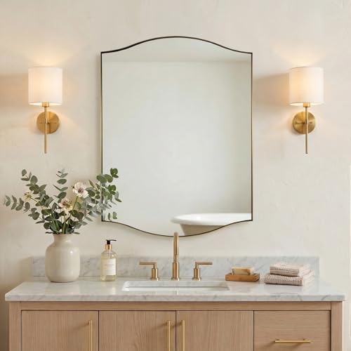 "ANDY STAR Scalloped Bathroom Mirror???24""x32"" Gold Rectangle Wall Mirror with Curved Edge Stainless Steel Metal Frame, Brass Vanity Wall-Mounted Mirror for Bathroom, Entryway"