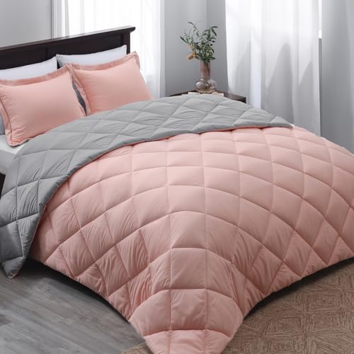 "Basic Beyond Queen Comforter Set - Pink and Grey Comforter Set Queen, Reversible Bed Comforter Queen Set for All Seasons, Baby Pink/Grey, 1 Comforter (88""x92"") and 2 Pillow Shams (20""x26""+2"")"