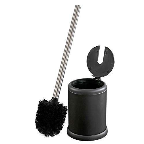 Bath Bliss Toilet Bowl Brush and Holder with Self Closing Lid, Space Saver, Deep Cleaning, Finger Print Proof Finish, Hygienic, Iron, Matte Black, 1 Pack