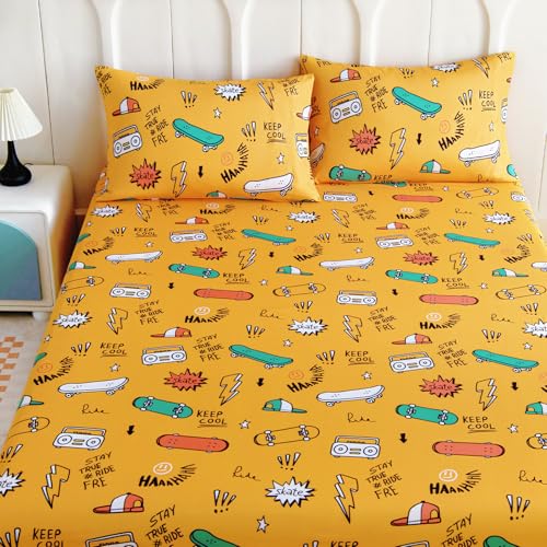 Homilay Queen Sheets Set Kids - 4 Piece Sheets for Boys, Girls, Teens, Toddler, Easy Fit Deep Pockets, Breathable, Wrinkle-Free, Cozy Soft Cartoon Print Cute Bed Sheets, Skateboarding