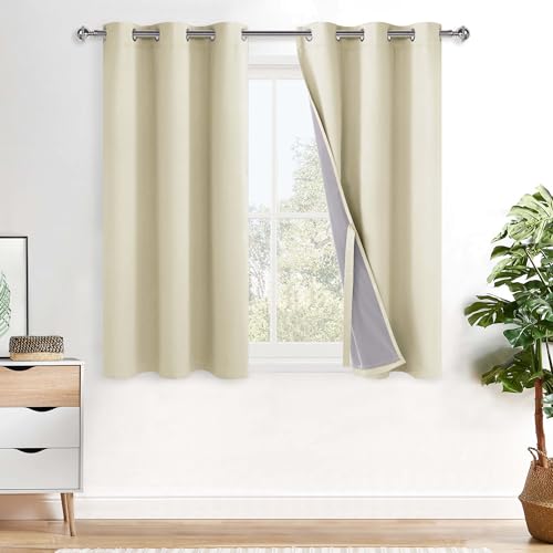 XWZO Total Blackout Curtains 45 Inches Long - Double Layer Full Room Darkening & Energy Efficiency Grommet Window Panels with Tiebacks, Light Beige, W42 x L45, Set of 2
