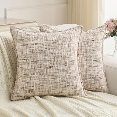 FUTEI Pack of 2 Tweed Chenille Throw Pillow Covers 16x16 Inch, Beige Brown - Premium Chenille Front/ Smooth Velvet Back,Hidden Zipper,Machine Washable,Pilling-Resistant,Colorfast, Insert Not Included.