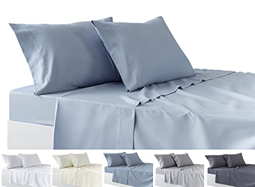 Todocama 4-Piece Bedding Set – Fitted Sheet – Top Sheet – Two Pillowcases 50 x 80 cm (Bed 90-90 x 190/200 cm, Light Blue)
