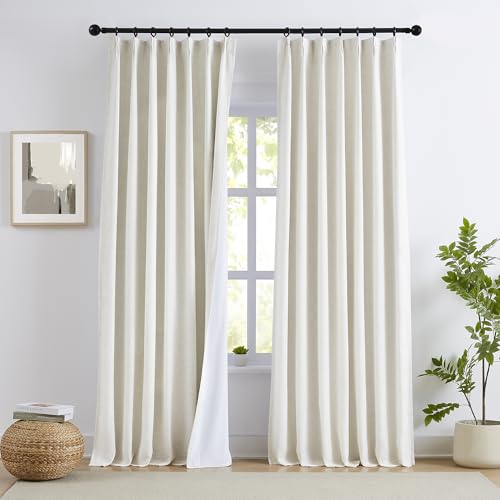 "Pinch Pleated Blackout Linen Curtains 84"" Long for Living Room, Natural Linen Curtain Panels with White Curtain Liner, Neutral Farmhouse Window Drapes for Bedroom Hooks Rings Back Tab, 40""Wx84"""