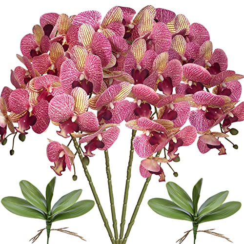 FagusHome 81.3 cm künstliche Phalaenopsis-Blumen, 4 Stück mit 2 Bündeln, Orchideenblumen, Stielpflanzen, Schmetterlinge, Phalaenopsis, Party, Dekoration, Purple Dapple (FH100083)
