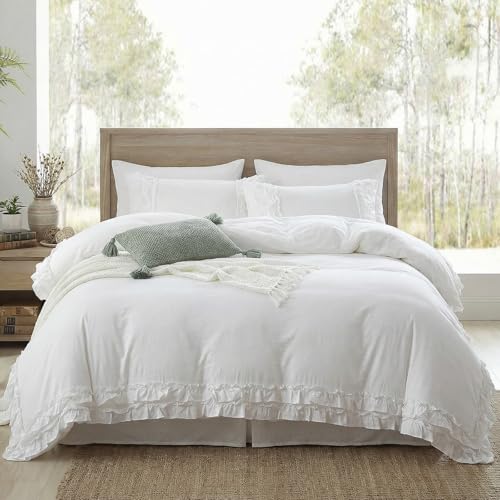 Bedorm White King Duvet Cover Pure Ivory Ruffle Bedding Set Pleat Ruffled Shabby Chic Comforter Cover Extra Soft & Easy Care White Boho Duvet Cover Set