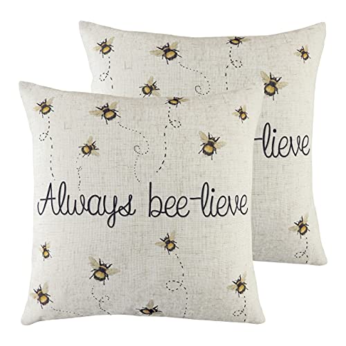 furn. Evans Lichfield Bee-Lieve Polyester Filled Cushions (Twin Pack), Polyester, Linen, White
