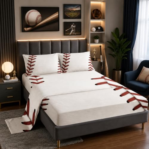 "Nttopship Baseball 4 Pieces Bed Sheet Sets Twin Size Baseball Bedding Sets with 16"" Deep Pockets Sports Bedroom Decor,Bedding Set 4 PCS(1 Fitted+1 Flat+2 Pillowcases)"