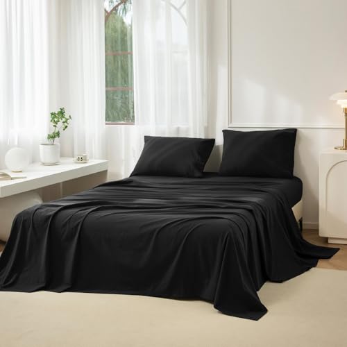 JIYUAN 100% Washed Cotton Sheet Set 3 Pieces Twin,1 Fitted Sheet,1 Flat Sheet and 1 Pillowcase, Comfy and Breathable Linen Like Bedding Set,Black