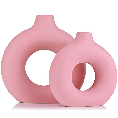 Set of 2 Decorative Doughnut Vases, Pink Hollow Circular Vases, Modern Matte Ceramic Vases for Entryway, Living Room, Bedroom, Dining Table, Centerpieces, Office, Decoration