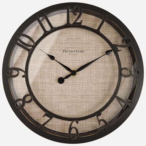 "PRESENTIME & Co 10"" Farmhouse Series Wall Clock, Cottage Style, Faux Burlap Design, Silent no Ticking, Oil Rubbed Bronze Finish"