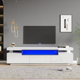 Ball & Cast TV Stand Cabinet for 70-inch TV High Gloss TV Stand Unit with LED Lights 160CM, 3 Drawers, 3 Open Storage Space, for Bedroom Living Room Home Furniture