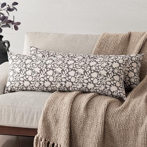 Foindtower Set of 2 Decorative Long Body Lumbar Throw Pillow Covers Accent Farmhouse Cushion Covers Boho Floral Pillowcase for Couch Sofa Bedroom Living Room Home Decor Outdoor,14??36 Inch,Rustic Gray