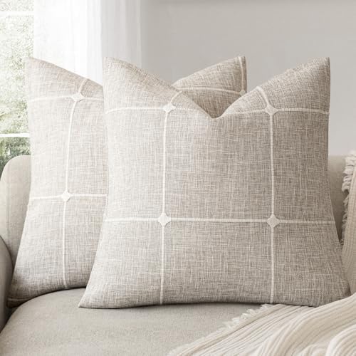 Foindtower Pack of 2 Decorative Faux Linen Jacquard Check Throw Pillow Covers Farmhouse Cushion Cover with Grid Textured Accent Pillowcase for Couch Sofa Living Room Home Decor,16??16 Inch,Beige