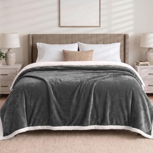 Pavilia Sherpa Fleece Blanket for Bed, Queen Size, Dark Grey, Plush Soft Fuzzy, Cozy Reversible Winter Blanket for Women & Men, 90x90 Inches