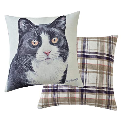 Maturi Filled Seat Cushion with Black and White Cat Watercolour Image, Chair Sofa Pillow - 43 x 43cm / 17 x 17-inch