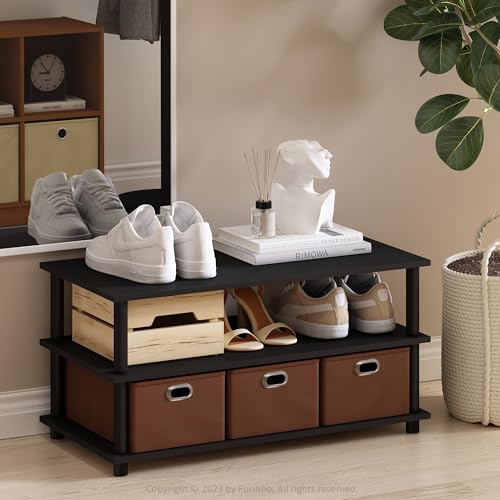 Furinno TURN-N-TUBE Shoe Rack, Compact Shoe Organizer, Multipurpose Shoe Storage with Bin Drawers and Open Shelves, 39.37 x 79.25 x 39.12 cm, for Closet Entryway, Office, Garage, Black Oak/Black/Brown
