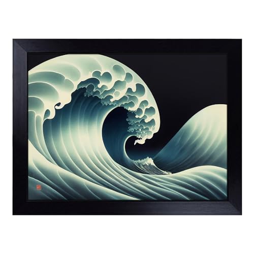 Lap Tray with Bean Bag Cushion, Bright Japanese Wave - Handmade in the UK, Raised Wooden Edge, Padded Cushion, Heat-Resistant Wipe-Clean Surface, for Meals, Laptops and Crafts