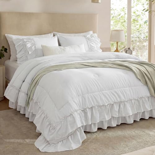 Bedding_Dreamer White Ruffle Comforter Set King, 3 Pieces Shabby Chic Farmhouse Bedding, Soft Microfiber Comforter with Matching Shams, All Season