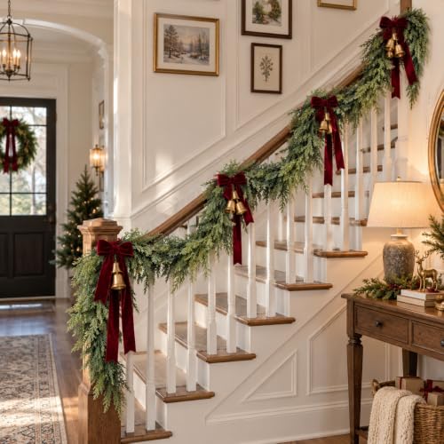 12FT Christmas Cedar Garland Artificial Realistic Green Faux Real Touch Winter Pine Garland for Mantle Fireplace Wall Table Indoor Outdoor Decoraiton