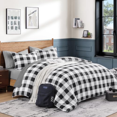 Andency Black Grey White Plaid Comforter Set Full Size (79x90 Inch), 3 Pieces (1 Gingham Comforter and 2 Pillowcases), Summer Lightweight Microfiber Buffalo Check Down Alternative Comforter Set
