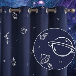 Vangao Silver Space Planets Rocketship Foil Print Grommet Top Blackout Curtains Navy Blue Thermal Insulated Blackout Shades for Boys Kid’s Room Bedroom Living Room Nursery 95 Inches Length 2 Panels