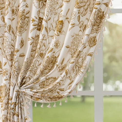 "F-CHU Bohemian Floral Curtains 63 in Long Patterned Curtain for Bedroom Cotton Linen Blend Farmhouse Style French Country Brown Khaki Floral and Plant Designs Kitchen Curtains 55"" W x 63"" L"