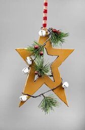 36cm Light Brown Wooden Star Wall Hanging Ornament Decorated with White Bells Berries and Pines Christmas Holiday Home Decorations
