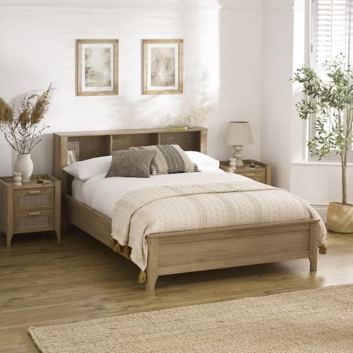 Julian Bowen Sydney Bed, King Size, Faux Rattan, Brown - W171 x D225cm - Boho Oak Effect Bed Frame with Bookcase Headboard, 150cm/5ft, No Box Spring Needed, Ideal for Cosy and Aesthetic Rooms