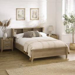Julian Bowen Sydney Bed, King Size, Faux Rattan, Brown - W171 x D225cm - Boho Oak Effect Bed Frame with Bookcase Headboard, 150cm/5ft, No Box Spring Needed, Ideal for Cosy and Aesthetic Rooms