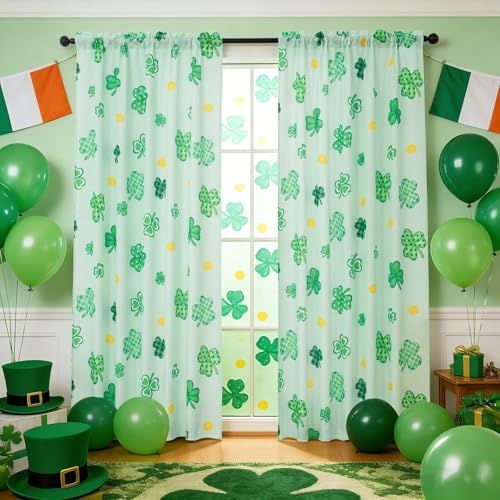 youleyar St. Patrick's Day Curtains for Living Room, 63 Inch Length Shamrock Clover Gold Coin Printed Pattern Curtain, Rod Pocket Window Drapes Decorations for Bedroom Dining Room Drapes, 52W x 63L