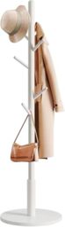 edihome, Coat Stand with Round Base, Freestanding Coat Rack with 8 Hooks, 172 x 38 x 38 cm, Wooden Hall Tree for Coats, Hats, Jackets, Bags & Umbrellas, Entryway, Hallway, Bedroom, Office (White)