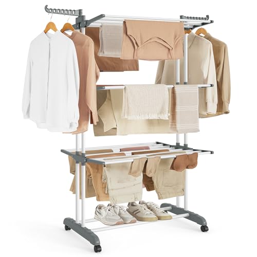 SONGMICS Large Clothes Airer, Foldable 4-Tier Drying Rack, Steel - Moveable Clothes Horse, 126.6 x 64.2 x 169.2 cm, Folding Wings, White and Grey, BUNJI Collection LLR701W01