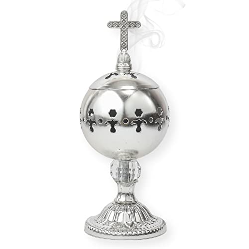 "Nazareth Store Incense Burner Charcoal Polished Brass Silver Censer Christian Church Resin Incense Holder Incense Cones Cross 7.9"" Aromatherapy Fragrance Ornament"