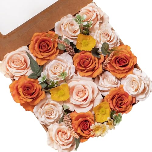 FANKO Artificial Flowers for DIY, Orange Peach Yellow Faux Flowers Bouquet, Fake Flowers with Roses Daisy Silk Flowers for Vase, Home Decor, Wedding Centerpiece, Floral Arrangement D??cor, Party