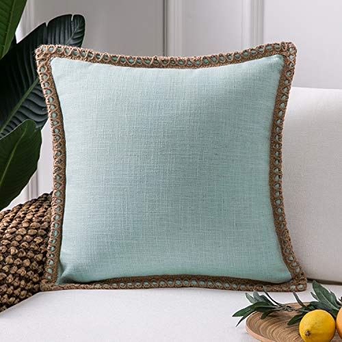 Phantoscope Farmhouse Solid Throw Decorative Pillow Cover Burlap Linen Trimmed Tailored Edges Outdoor Pillow Light Turquoise 18 x 18 inches, 45 x 45 cm