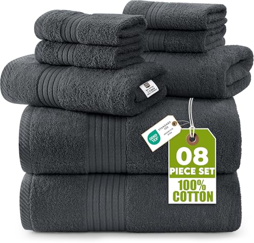 Utopia Towels 8 Piece Premium Towel Set, 2 Bath, 2 Hand, and 4 Washcloths, 100% Ring Spun Cotton, Highly Absorbent Towels for Bathroom, Sports, and Hotel, (Grey, 8 Pack)